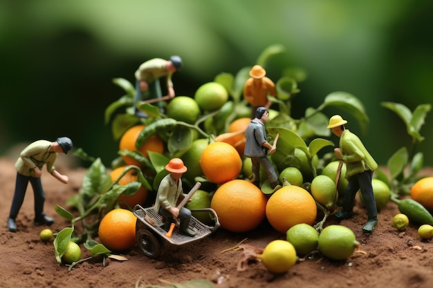 Pequenas pessoas fazem comida, colhem frutas e legumes.