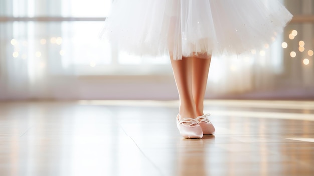Foto pequeñas piernas de bailarina con zapatos de baile rosados y tutu fondo festivo ligero espacio de copia ia generativa