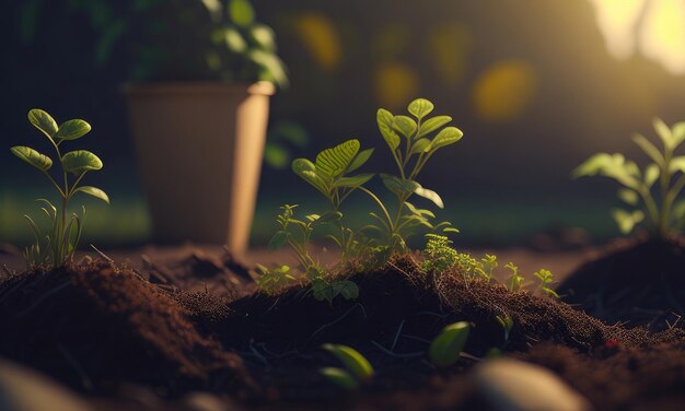 Pequeñas plantas creciendo en el suelo por la mañana