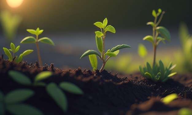 Pequeñas plantas creciendo en el suelo por la mañana