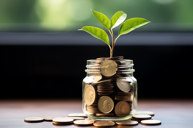 Pequenas plantas crescendo dentro de uma pilha de moedas Mostrando um conceito de economia e investimento