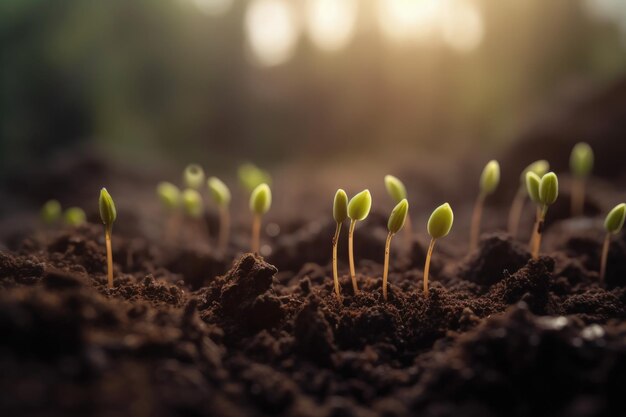 Pequenas plantas crescendo no fundo bokeh do solo Generative AI