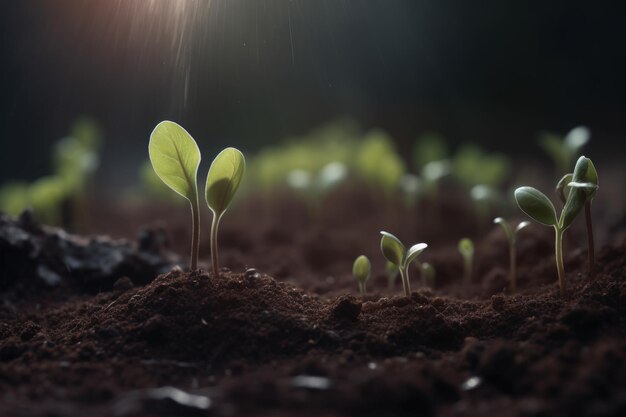 Pequeñas plantas que crecen en el fondo del bokeh del suelo IA generativa