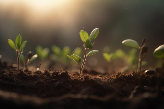 Pequeñas plantas que crecen en el fondo del bokeh del suelo IA generativa