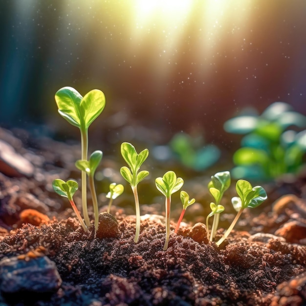 Pequeñas plantas que crecen desde el suelo con luz solar y efecto de llamarada