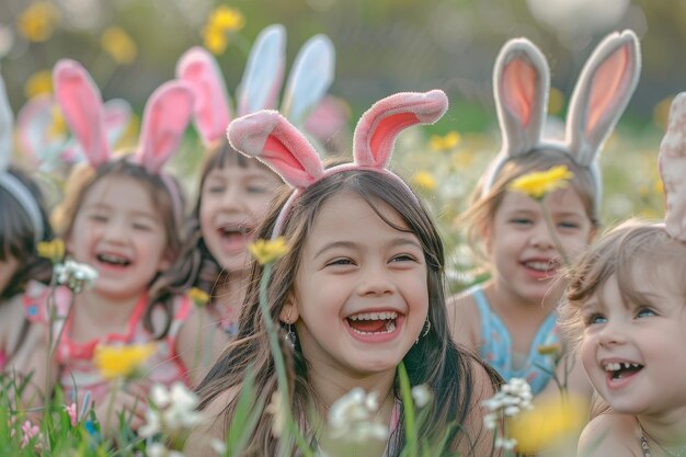 Pequeñas risas y orejas de conejo Niños celebrando la Pascua con alegría y alegría