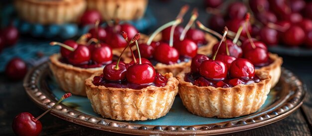 Pequenas tartes com cerejas num prato