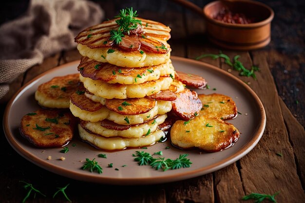 Pequeñas tortitas de patata crujiente con salchicha frita cortada en trozos