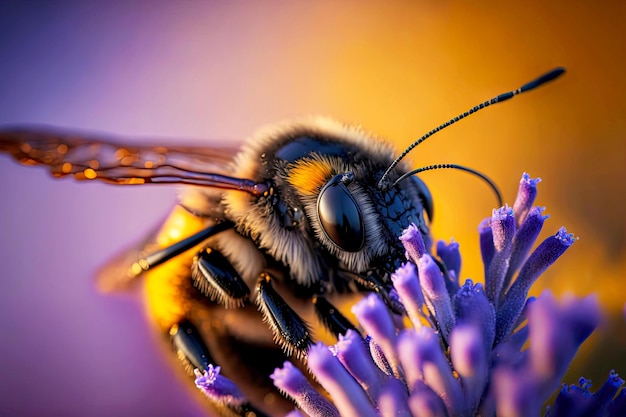 Pequeño abejorro peludo se sienta en la flor de abeja y come néctar