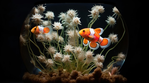 Un pequeño acuario con dos peces payaso escondidos