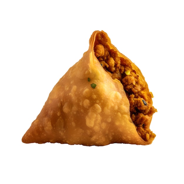 Un pequeño aislamiento de samosa sobre fondo blanco.