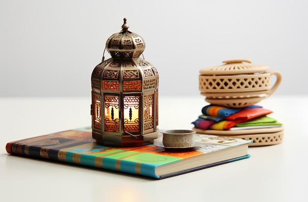 un pequeño almanaque árabe en una mesa con una linterna a su lado en el estilo de temas religiosos