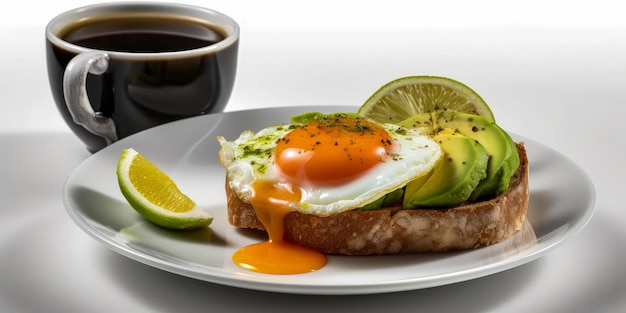 Pequeno-almoço com avocado torrado, ovos de salmão e café.