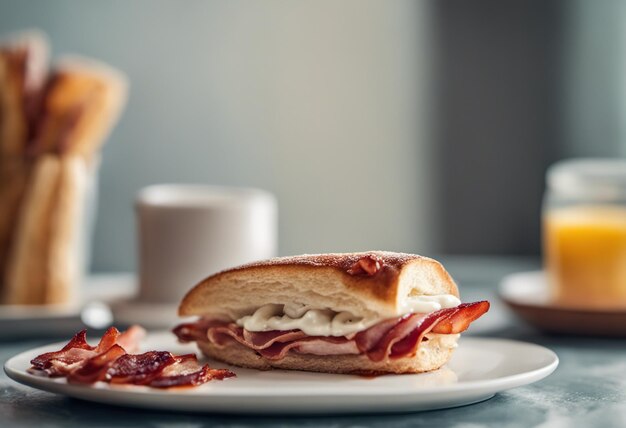 Pequeno-almoço com café, croissants e bacon na mesa.