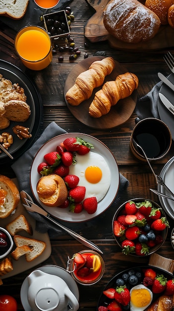 pequeno-almoço com ovos morangos e pão em uma mesa