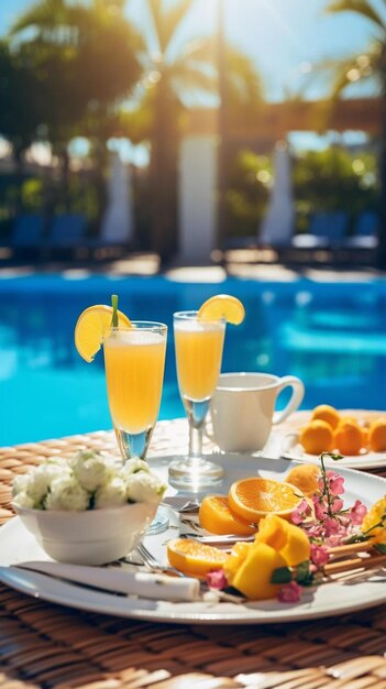 Pequeno-almoço em um hotel de estilo europeu perto da piscina perto da mesa com comida deliciosa pelo