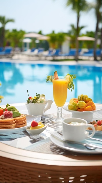 Pequeno-almoço em um hotel de estilo europeu perto da piscina perto da mesa com comida deliciosa pelo