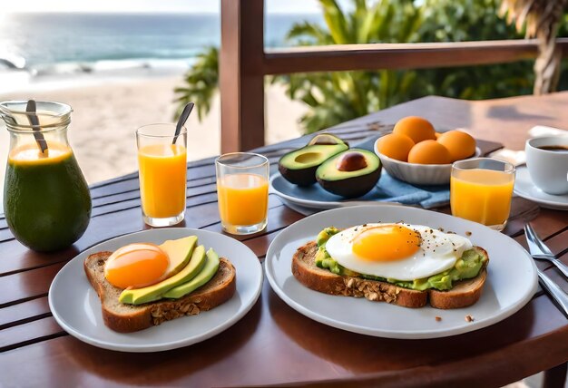 pequeno-almoço em uma mesa com dois pratos de comida e dois copos de suco de laranja