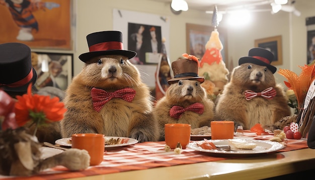 Foto pequeno-almoço ou evento de alimentação de panquecas no dia da marmota mostrando famílias e amigos reunidos