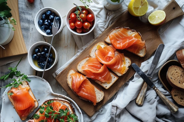 pequeno-almoço salmão fumado em torradas tomates e mirtilos vista de cima