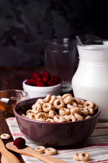 Pequeno-almoço saudável - anéis de cereais em uma tigela com leite