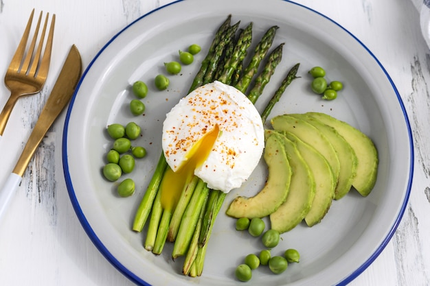 Foto pequeno-almoço saudável - ovos escalfados com espargos, abacate e ervilhas verdes