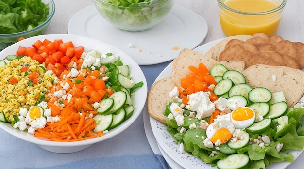 Pequeno-almoço saudável Salada com queijo feta ovos pepino e cenoura Alimentação saudável e equilibrada