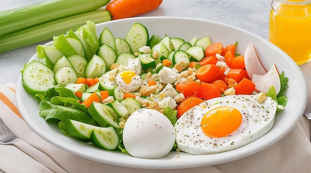 Pequeno-almoço saudável Salada com queijo feta ovos pepino e cenoura Alimentação saudável e equilibrada