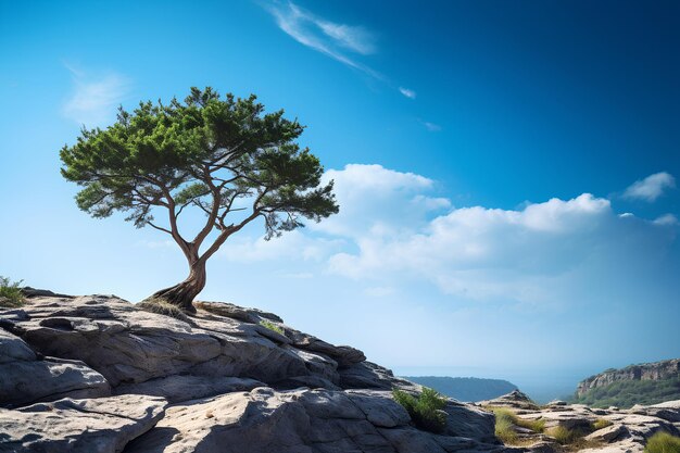 Un pequeño árbol en un acantilado cielo azul disparo de súper gran ángulo