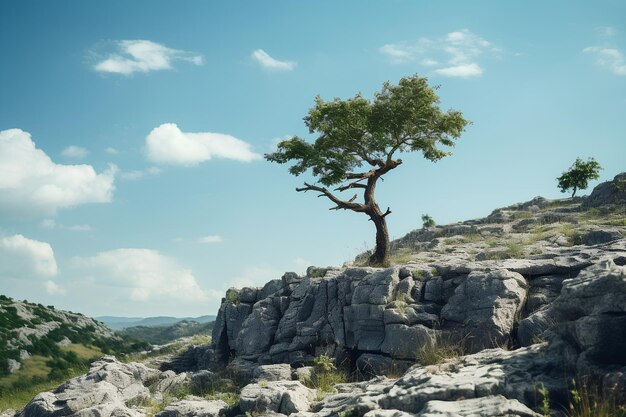 Un pequeño árbol en un acantilado cielo azul disparo de súper gran ángulo