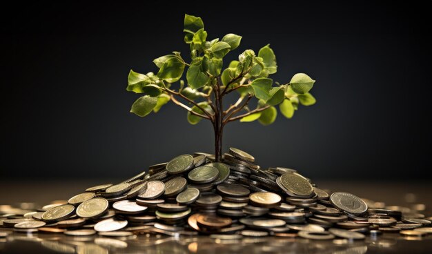 Un pequeño árbol crece en el concepto de inversión de la pila de monedas