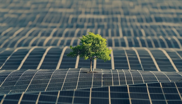 Foto un pequeño árbol está creciendo en el medio de un campo de paneles solares