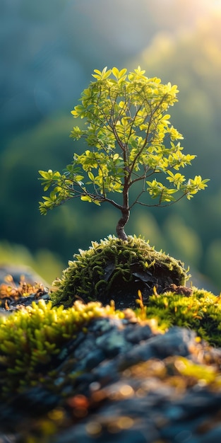 Pequeño árbol creciendo en una roca en las montañas