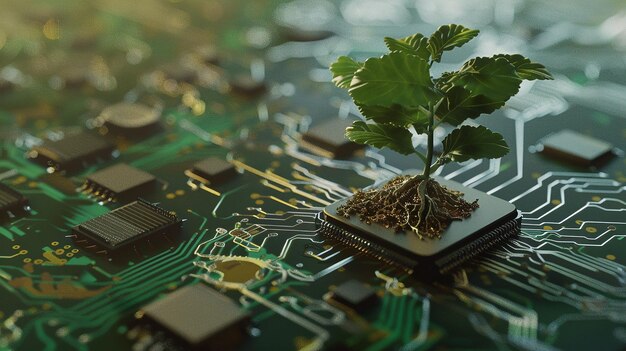 Foto un pequeño árbol emerge de un chip de computadora