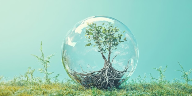 Pequeño árbol encerrado en una esfera transparente en la hierba con fondo de cielo claro