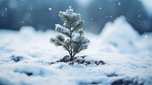 un pequeño árbol está brotando de la nieve