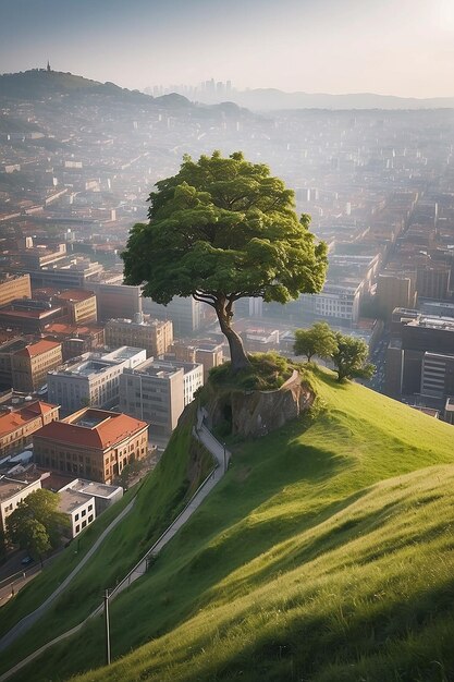 Un pequeño árbol está creciendo en una colina en una ciudad