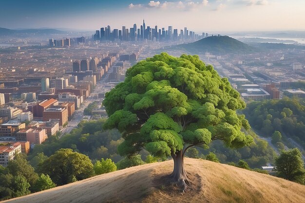 Un pequeño árbol está creciendo en una colina en una ciudad