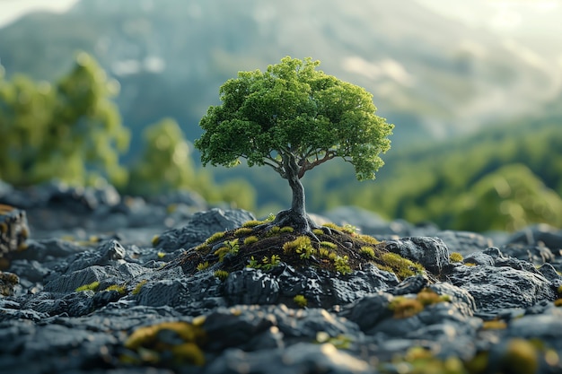 El pequeño árbol está creciendo en la montaña rocosa con la suave luz del sol brillando hacia abajo