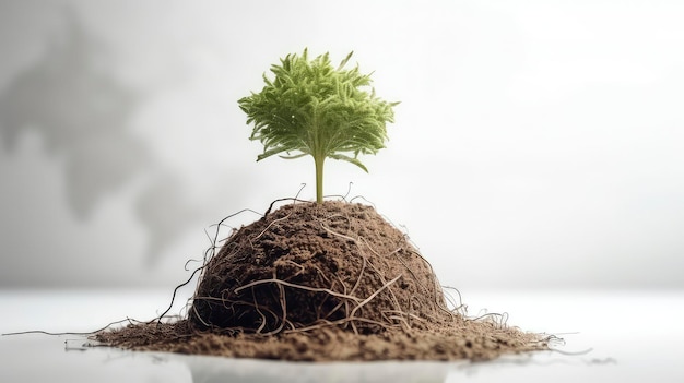 Un pequeño árbol está en un montículo de tierra.