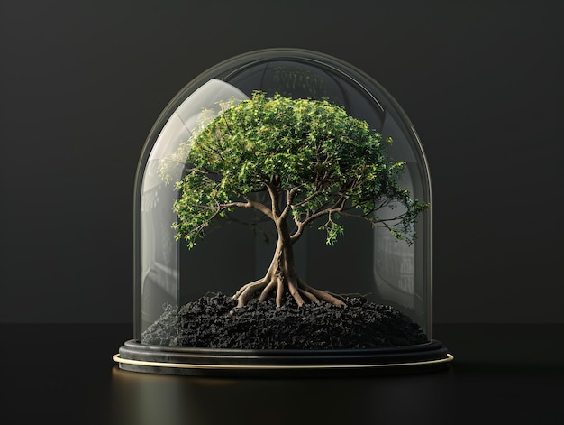 Un pequeño árbol está en un recipiente de vidrio