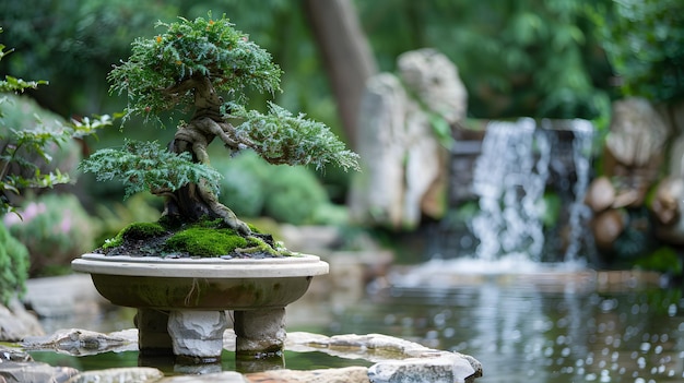 un pequeño árbol en un estanque con una cascada en el fondo