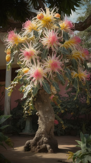 Un pequeño árbol con flores en él.