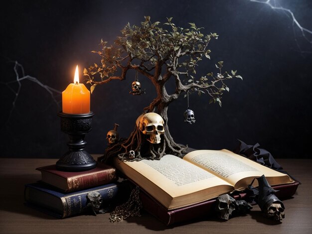 Pequeño árbol con libro de hechizos y calavera para la noche de Halloween.