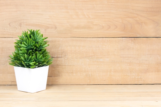 Pequeño árbol en maceta blanca en la mesa de madera