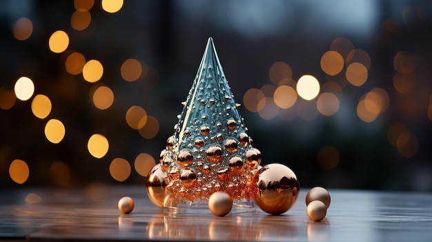 Pequeño árbol de Navidad brillante decorativo en primer plano en un fondo borroso