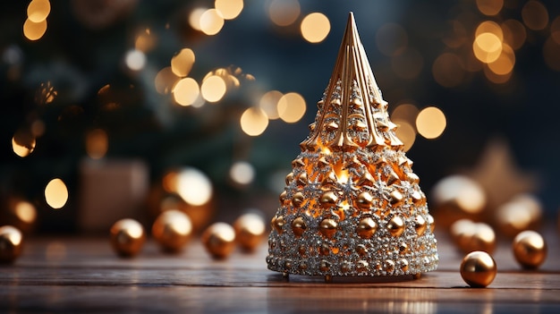Pequeño árbol de Navidad brillante decorativo en primer plano en un fondo borroso
