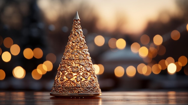 Pequeño árbol de Navidad brillante decorativo en primer plano en un fondo borroso