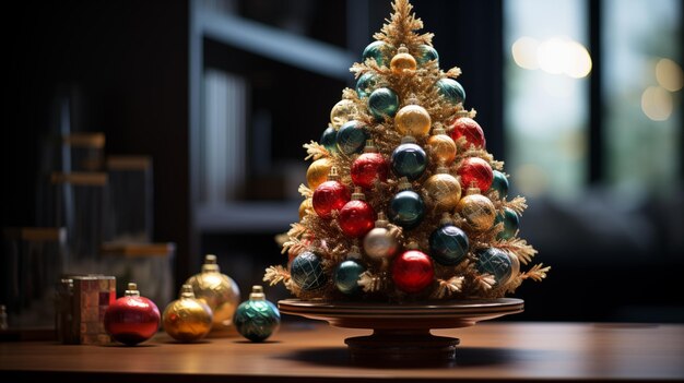 Un pequeño árbol de Navidad lindo se encuentra en la mesa de madera en la sala de estar