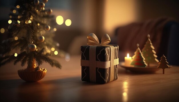 Pequeño árbol de Navidad en una mesa de madera con regalos y decoración, fondo borroso, ai generativo